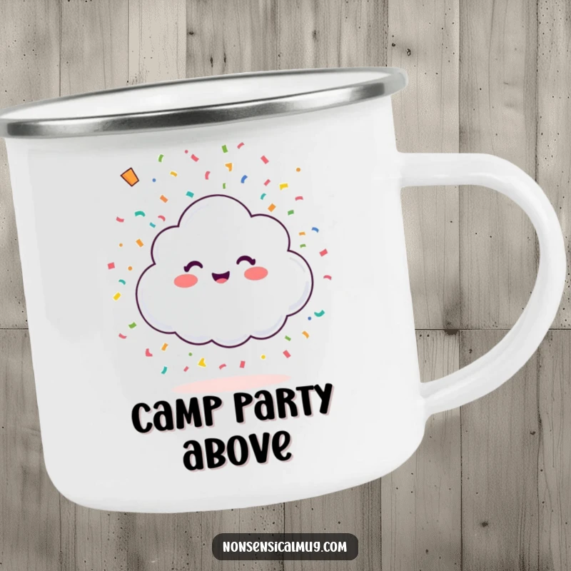 Funny happy little cloud showering colorful confetti from above on a camping mug, for enjoying drinks with outdoor celebration.