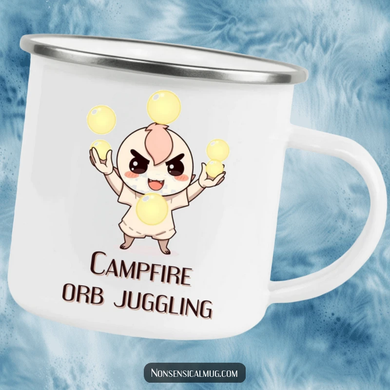 Funny camping mug with a mischievous character juggling luminous orbs, perfect for outdoor adventures and enjoying beverages with a touch of magic, a cool mug.