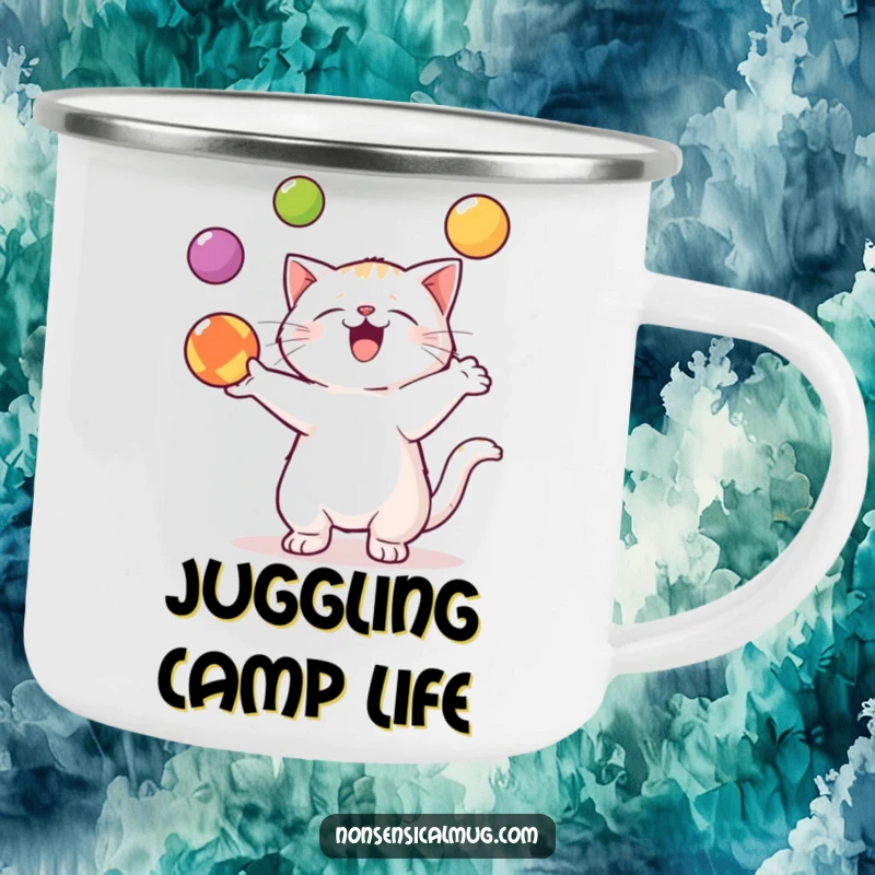 Funny Kawaii Cat Camping Mug: A juggling kawaii cat is ready for adventure, perfect for hot beverages.