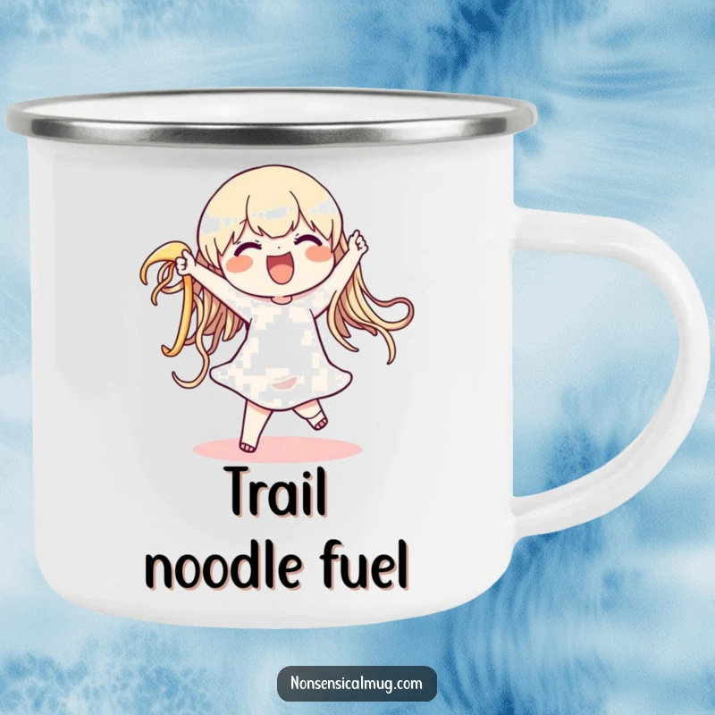 Funny camping mug showing a character doing a silly dance with a giant, wiggly noodle, ideal for hiking, camping, and sipping your favorite funny beverage.