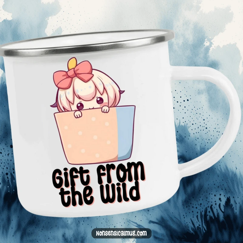 Funny camping mug with a blushing character shyly peeking from behind a large, colorful gift, for shy campers.
