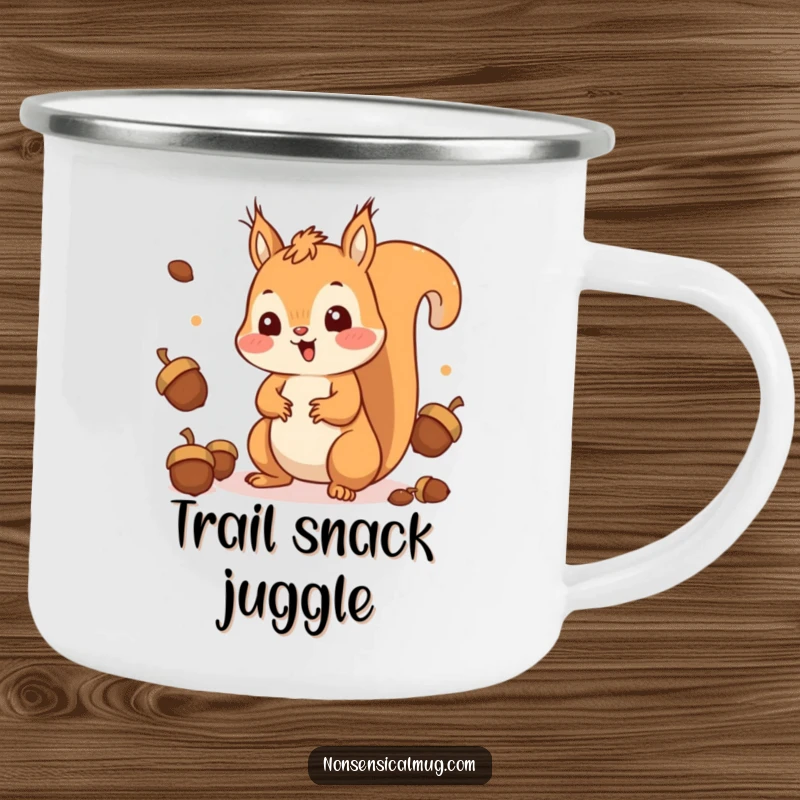 Funny Squirrel Camping Mug: A surprised kawaii squirrel juggling acorns, perfect for outdoor drinks.