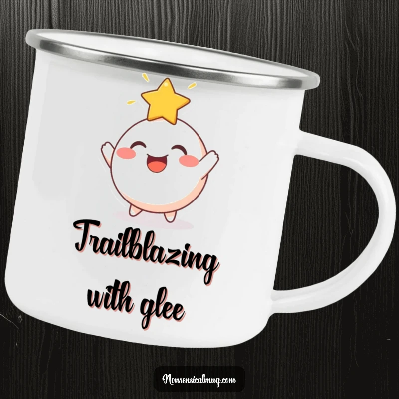 Funny Camping Mug: A cheerful, round character joyfully bouncing a radiant star off its head, perfect for outdoor escapades.