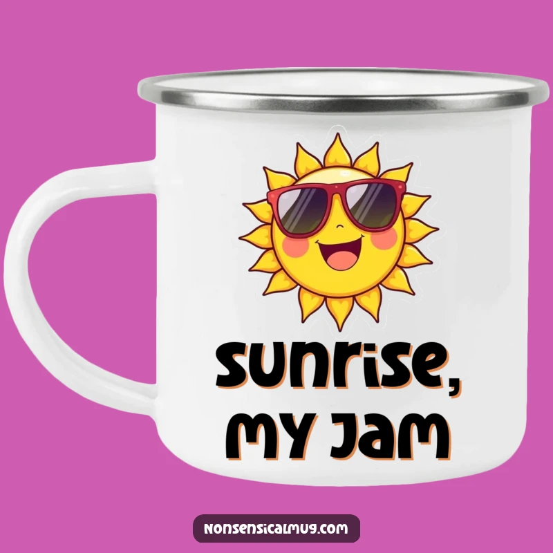 Funny Sun Camping Mug: Beaming Character with Sunglasses Outdoor Gift