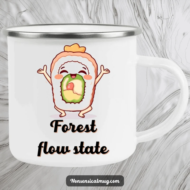 Funny sushi roll in a yoga pose, a humorous camping mug for serene outdoor sips.