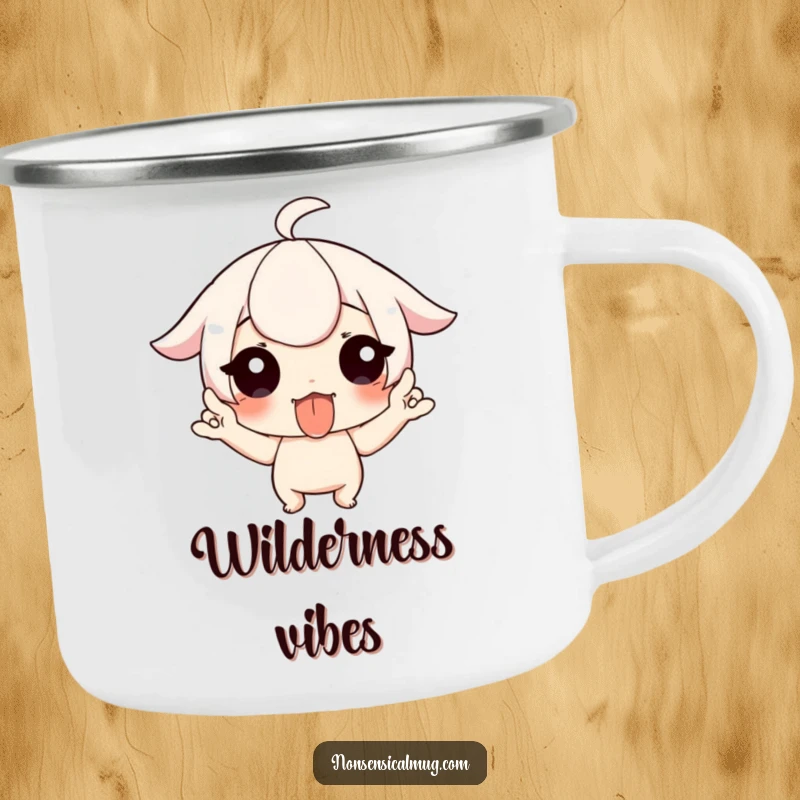 Funny camping mug featuring a character playfully sticking out their tongue and wiggling fingers, perfect for outdoor humor.