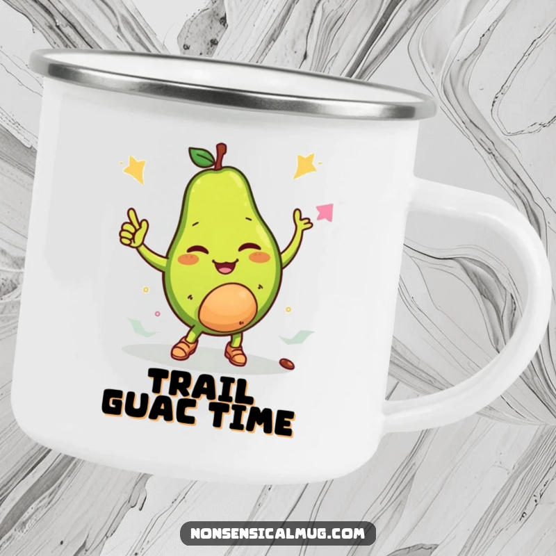 Funny camping mug showing a winking avocado breakdancing with its pit, ready for outdoor fun and cool beverages.