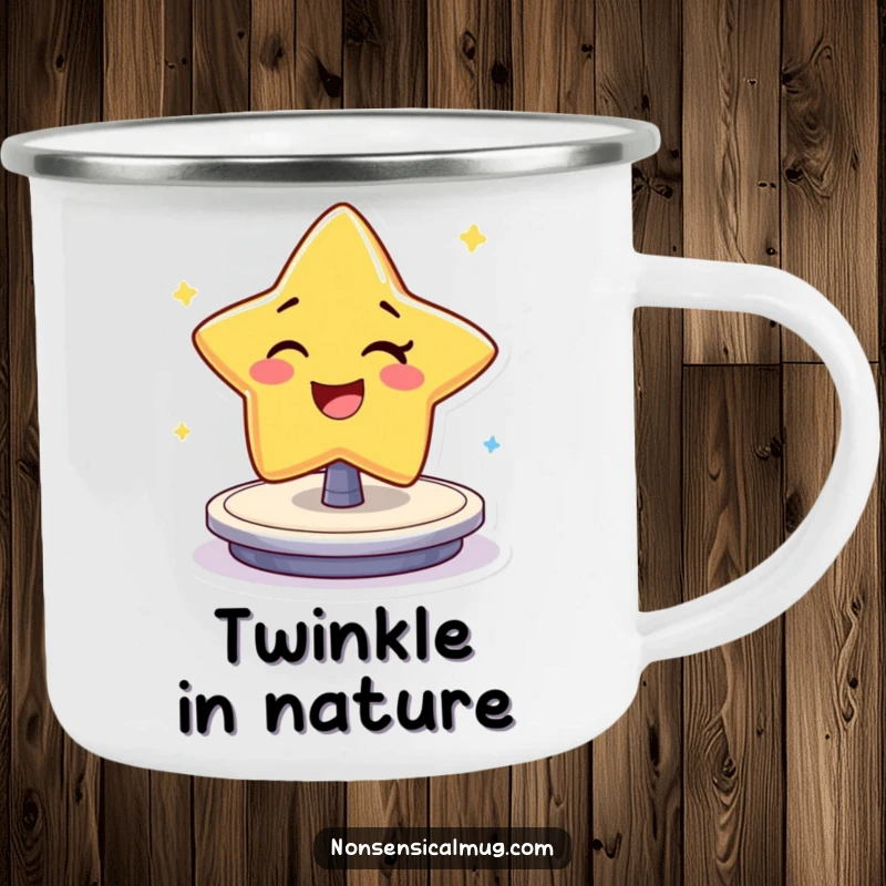 Funny Camping Mug: Cheerful star character winking and spinning, ready for outdoor adventures and humor.