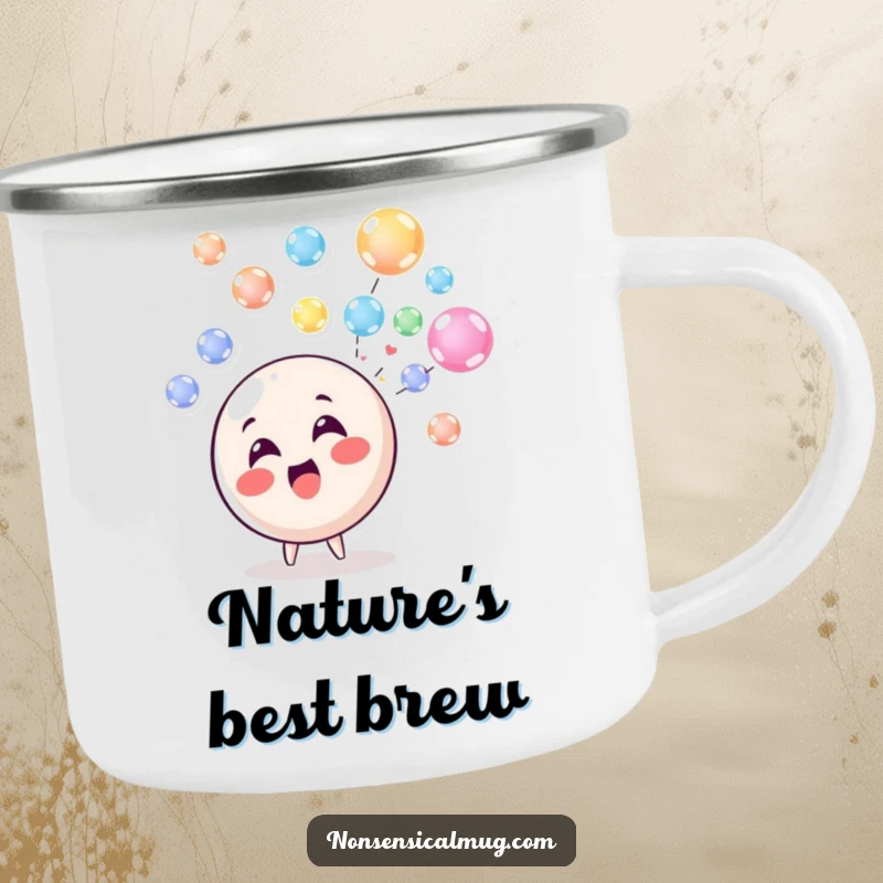 Funny Camping Mug: A delighted circle character blowing a stream of colorful, floating bubbles, perfect for outdoor adventures.
