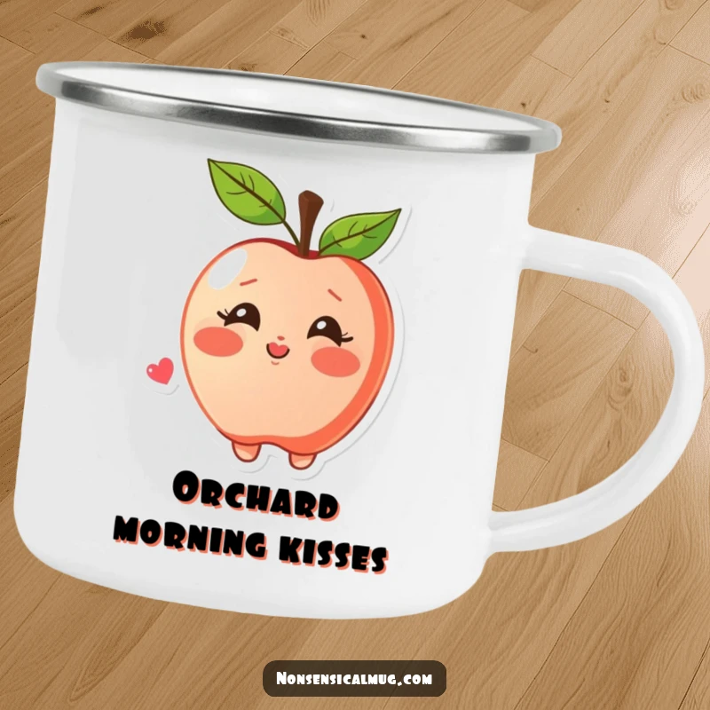 Funny camping mug featuring a blushing apple character joyfully blowing a kiss, perfect for outdoor enjoyment and spreading sweetness.