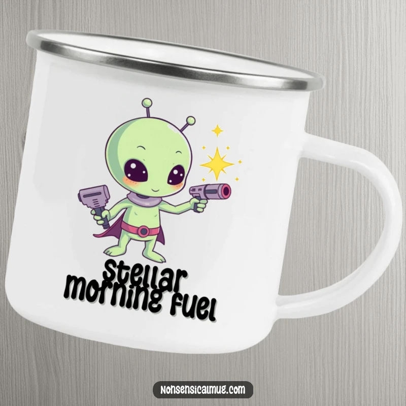 Funny Kawaii Alien Sparkle Ray Gun Camping Mug: A cute alien shoots sparkles from its ray gun, perfect for enjoying drinks under the stars.