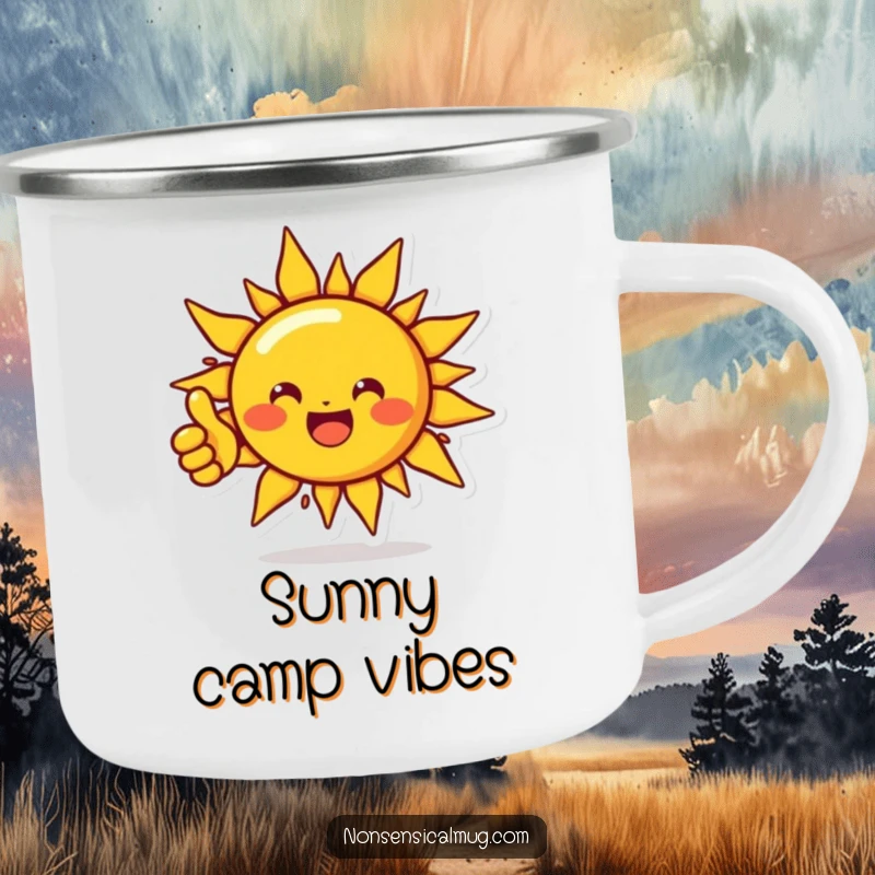 Funny camping mug featuring a beaming sun character giving a thumbs up, perfect for enjoying drinks during outdoor trips with a positive twist.