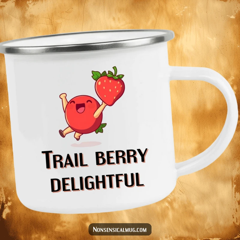 Funny camping mug showing a cheerful strawberry character in a cartwheel, ready for outdoor fun and morning brews.