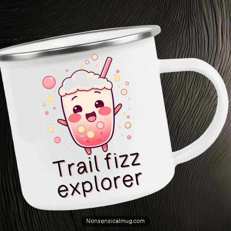 Funny camping mug showing a bubbly soda character bursting with excitement and fizz, ready for outdoor fun.