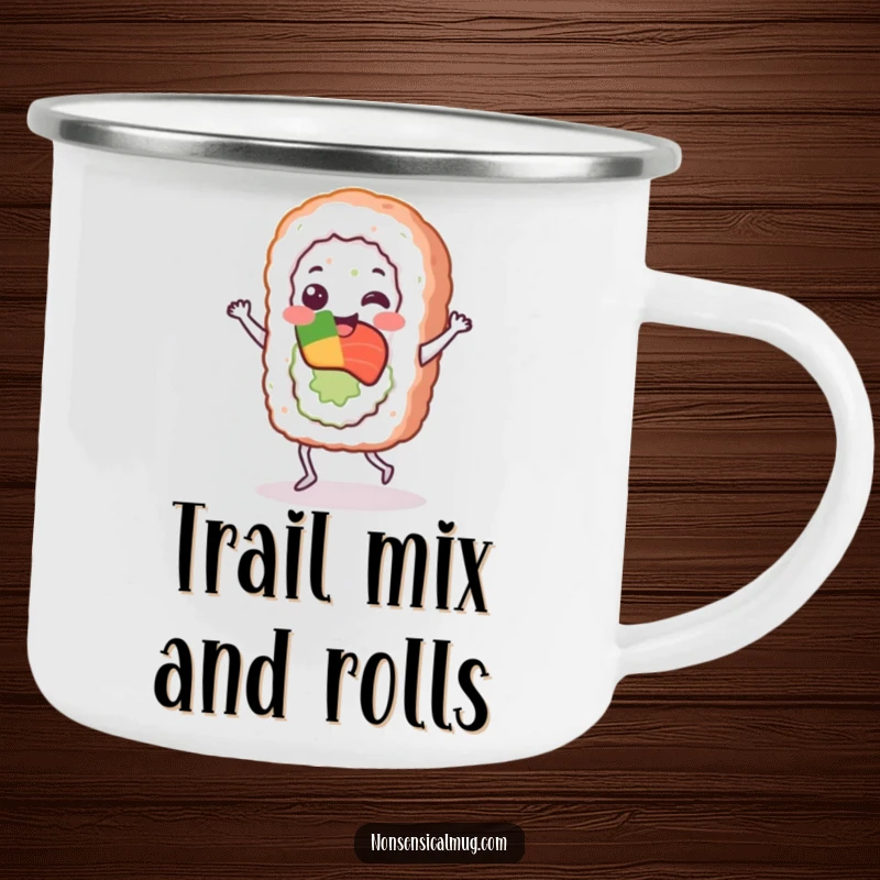 Funny sushi roll character doing a spirited jig on a durable camping mug, ideal for outdoor dining and fun.