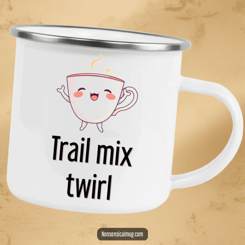 Funny teacup with tiny arms and legs, joyfully dancing on a durable camping mug, ready for adventure.