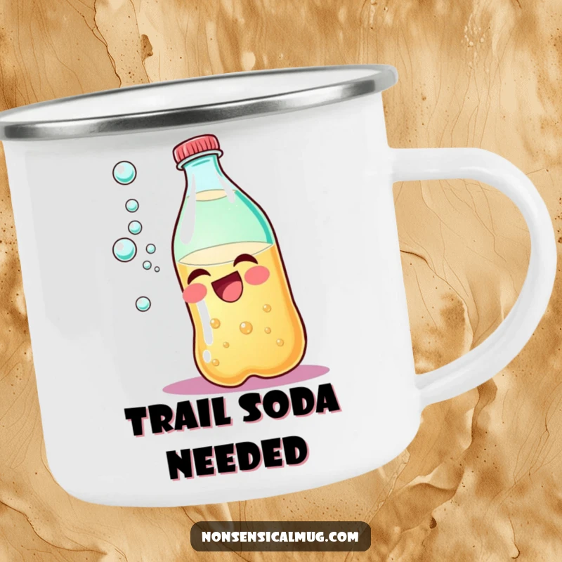 Funny giggling soda bottle camping mug, durable and humorous, ready for outdoor adventures with a bubbly personality.