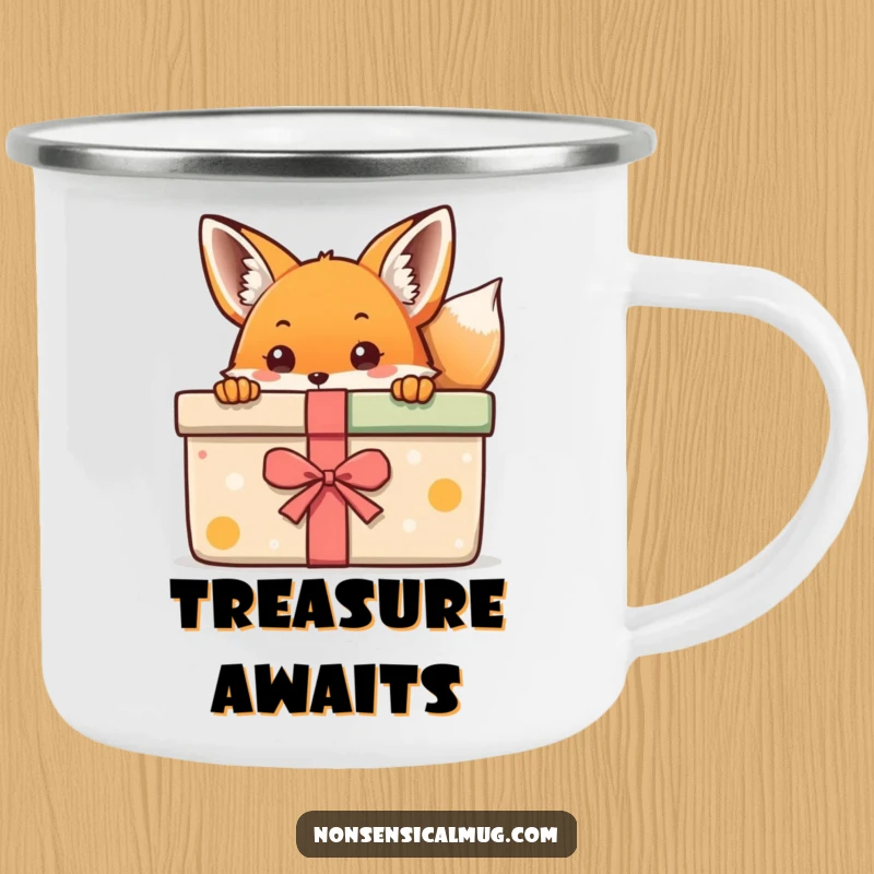 Kawaii Fox Camping Mug: A cute kawaii fox peeking from behind a gift, perfect for outdoor enjoyment.