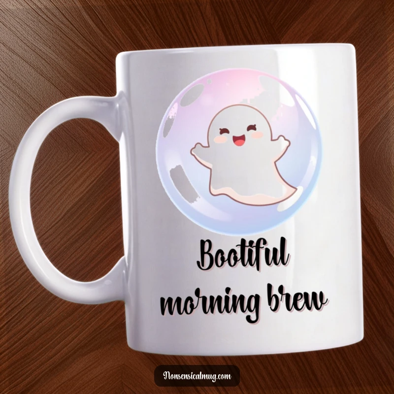 Funny ghost happily floating inside a clear bubble on a mug, conveying pure delight and playful spookiness.