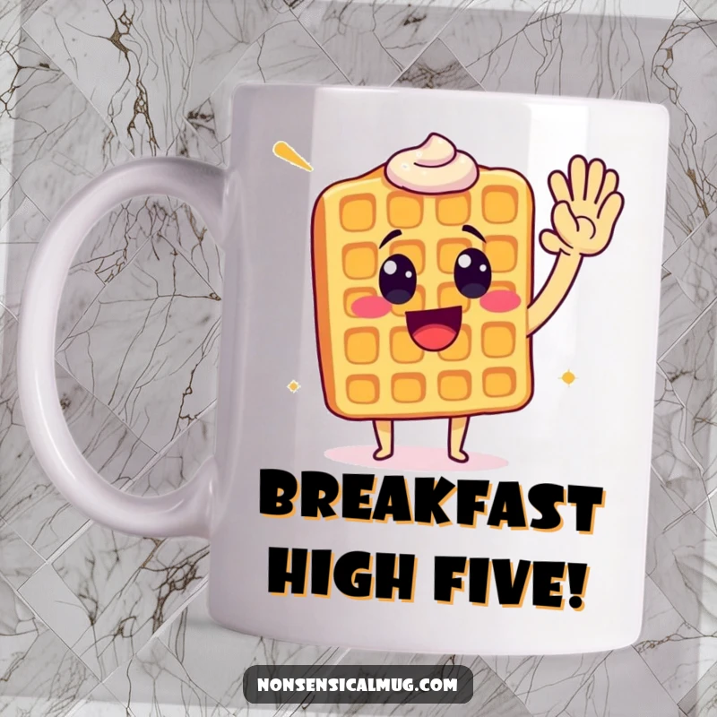 Funny waffle character excitedly giving a high five, radiating joy and breakfast enthusiasm.