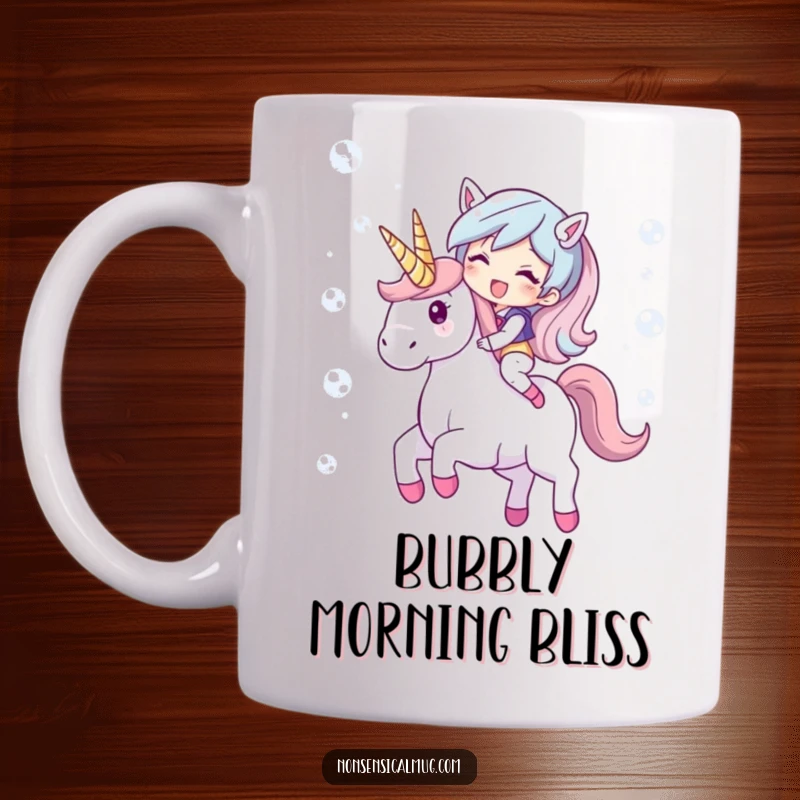 Funny mug showing a giggling character joyfully riding a magnificent unicorn composed entirely of shimmering, iridescent bubbles.
