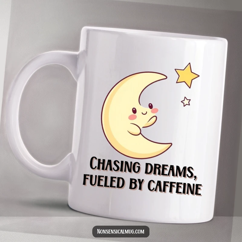 Funny mug featuring a whimsical crescent moon character joyfully chasing a twinkling star across a dark, starry sky.