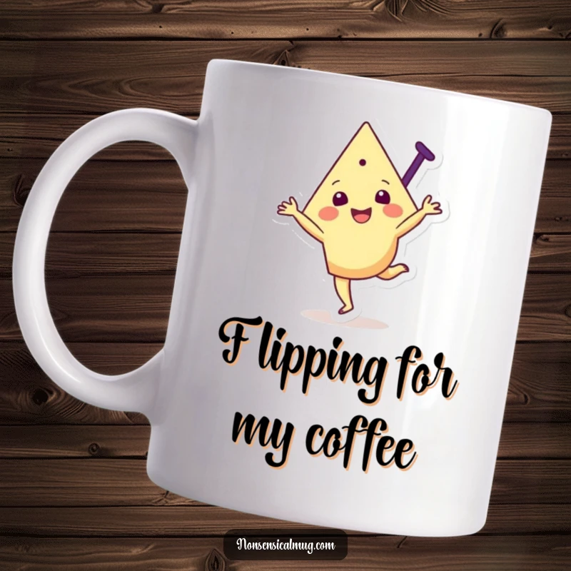 Funny mug featuring a joyful, triangular character happily performing a cartwheel with a big, cheerful expression and dynamic lines.