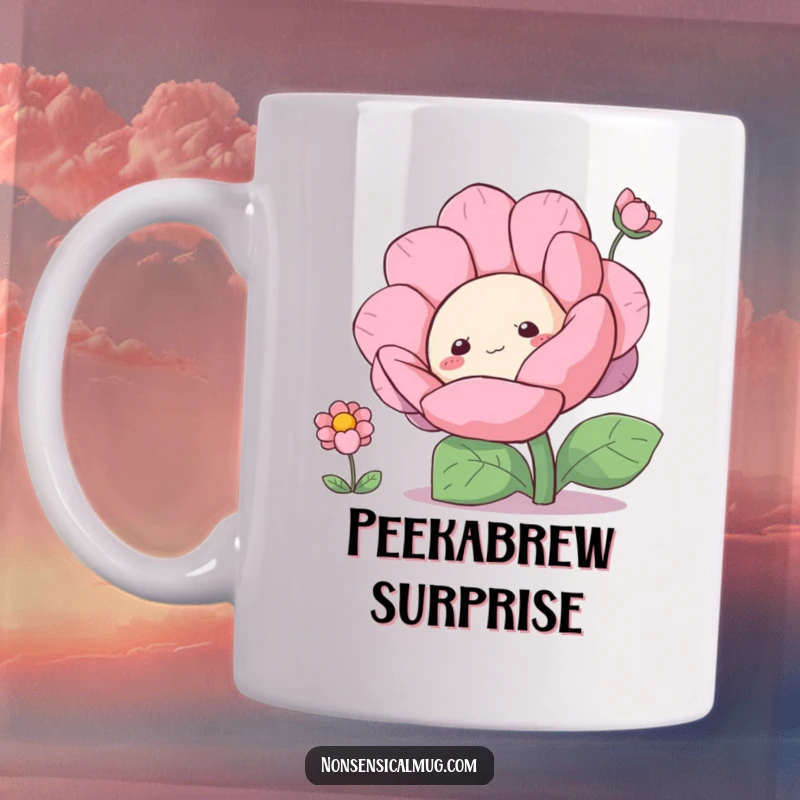 Funny curious blob character peeking out from behind a large flower on a mug, full of wonder.