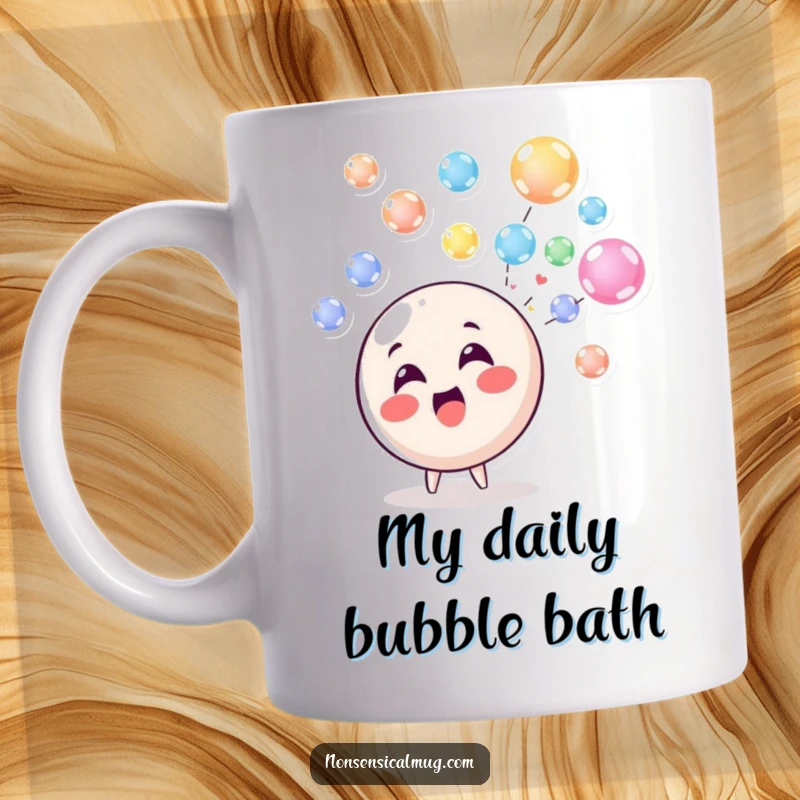 Funny Circle Mug with a delighted character playfully blowing a stream of colorful, floating bubbles, spreading joy and cheer.