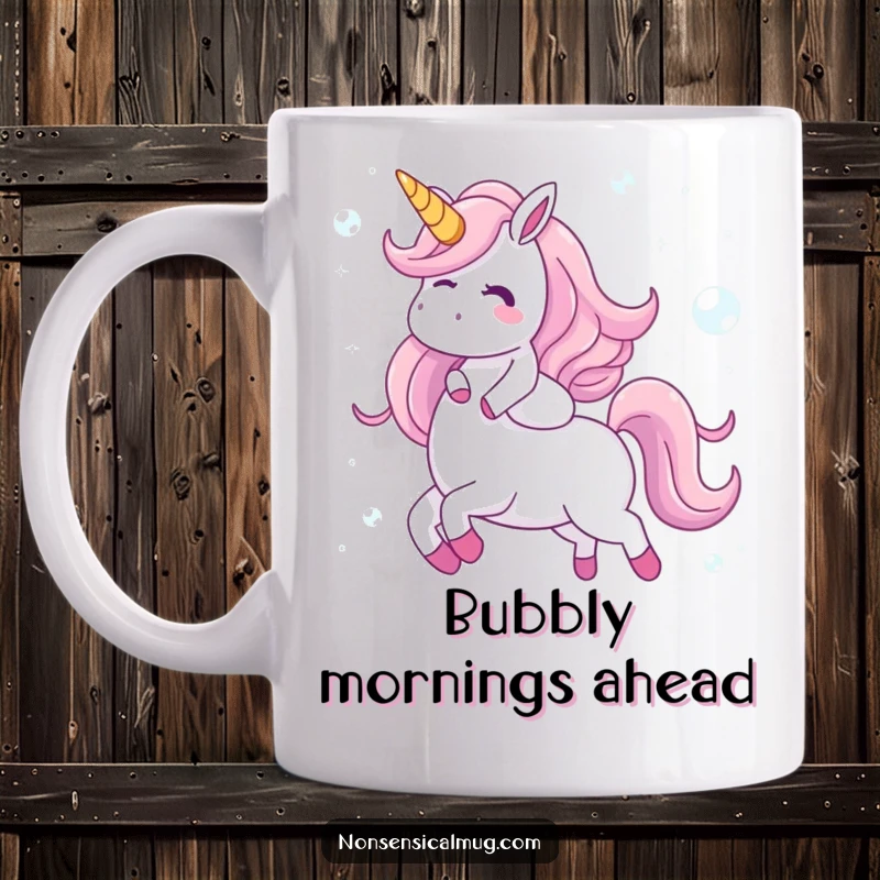 Funny mug showing a giggling character blissfully riding a unicorn constructed entirely of shimmering, iridescent bubbles, embodying pure fantasy and joy.