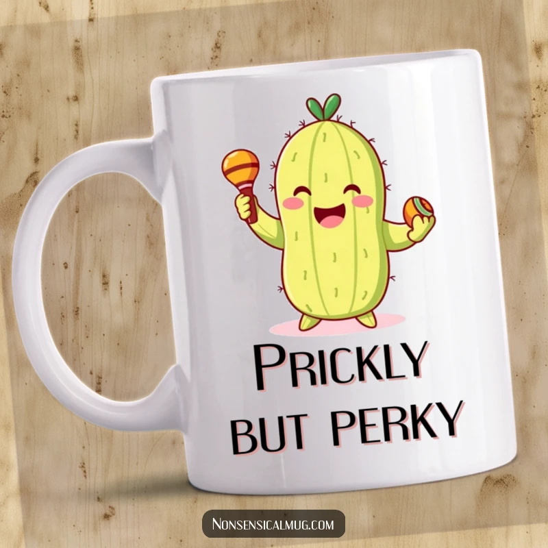 Funny Mug: Smiling cactus character gleefully dancing with maracas, radiating festive energy.