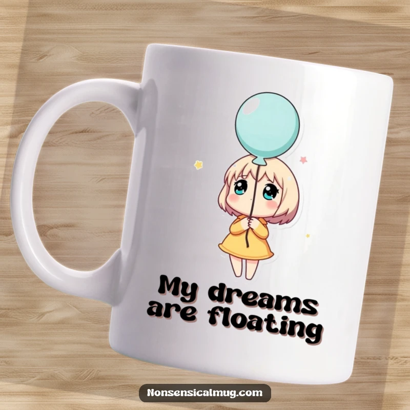 Funny mug showing a character holding a balloon and looking up dreamily, conveying a sense of wonder and hopeful aspiration.