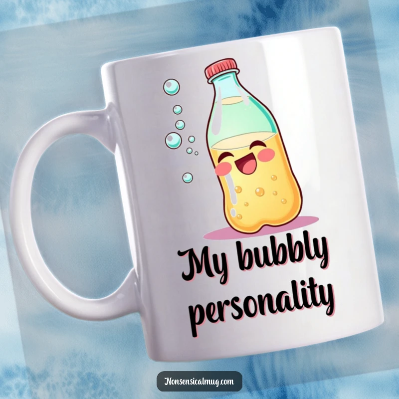 Funny soda bottle mug with a cheerful expression and playful bubbles, ready for a refreshing and humorous drink.