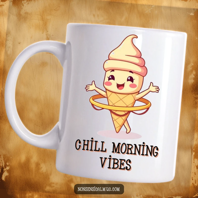 Funny smiling ice cream cone character energetically spinning a hula hoop on a ceramic mug, a cool and humorous gift.