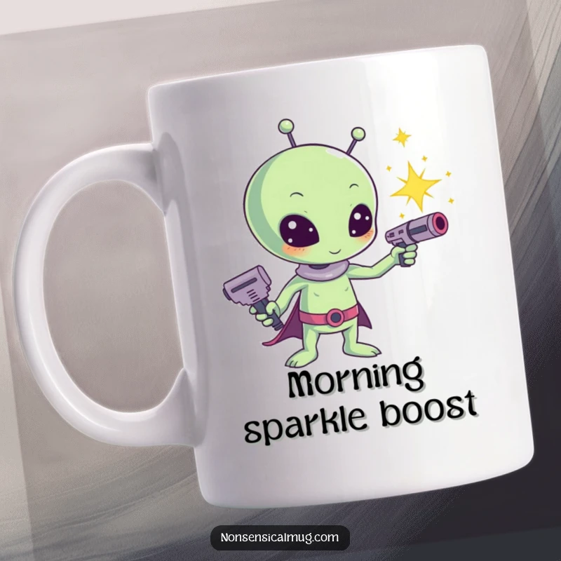 Funny Kawaii Alien Sparkle Ray Gun Mug: A cute alien with big eyes aims a ray gun that shoots dazzling sparkles, ready for fun.