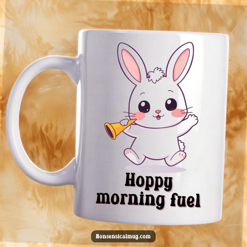 Funny Kawaii Bunny Mug: A cute bunny bounces with wide eyes, happily holding a party horn, ready to celebrate.