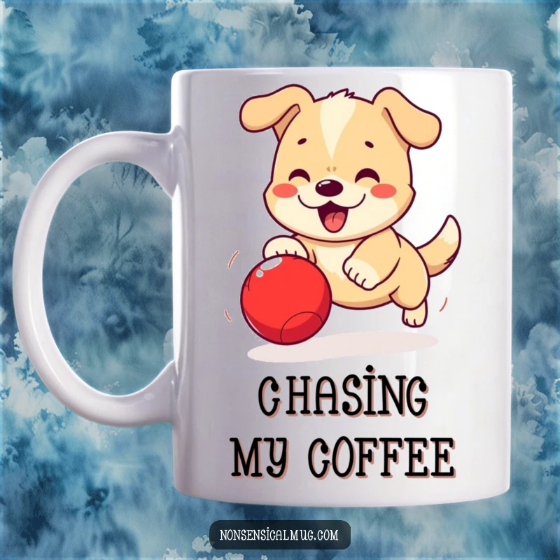Funny Kawaii Dog Mug: A cute dog excitedly chases a bouncing red ball, showcasing pure joy and playful energy.