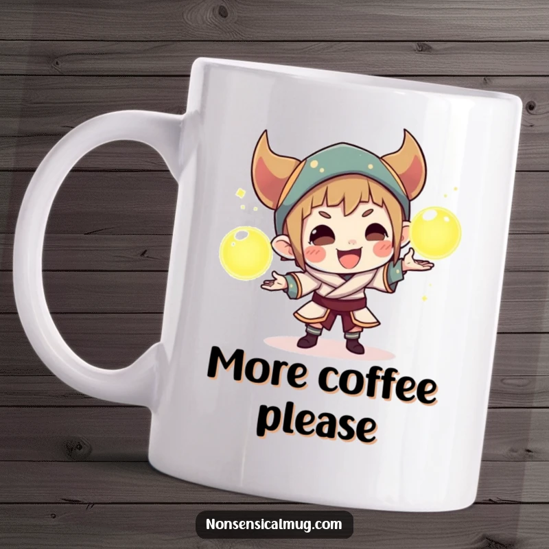 Funny mug featuring a sly character skillfully juggling three luminous orbs with a playful smirk, showcasing magical dexterity.