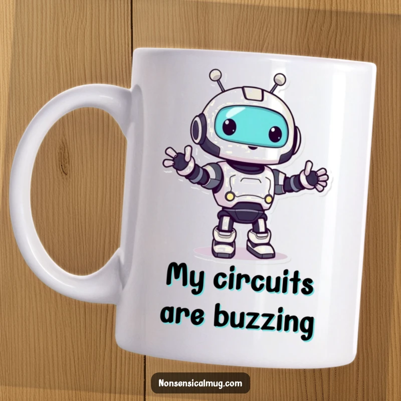 Funny robot mug featuring a cute character doing a happy little bop, perfect for coffee lovers.