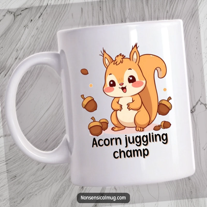 Funny Squirrel Mug: A happy, kawaii squirrel with a surprised expression, skillfully juggling multiple acorns.