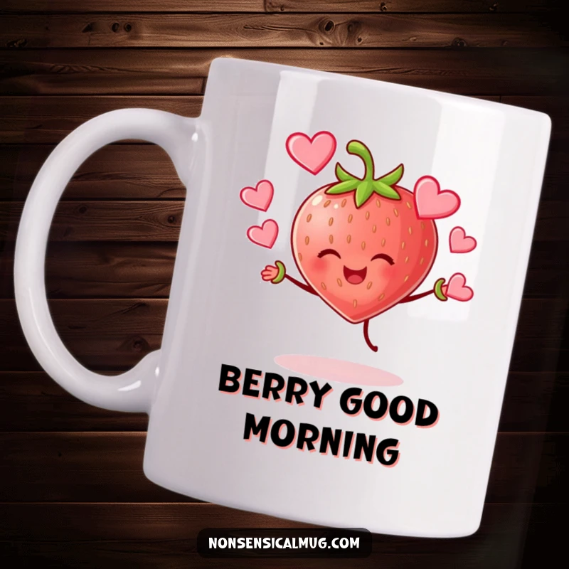 Funny cheerful strawberry character joyfully juggling hearts, a loving and humorous mug design for a sweet start.