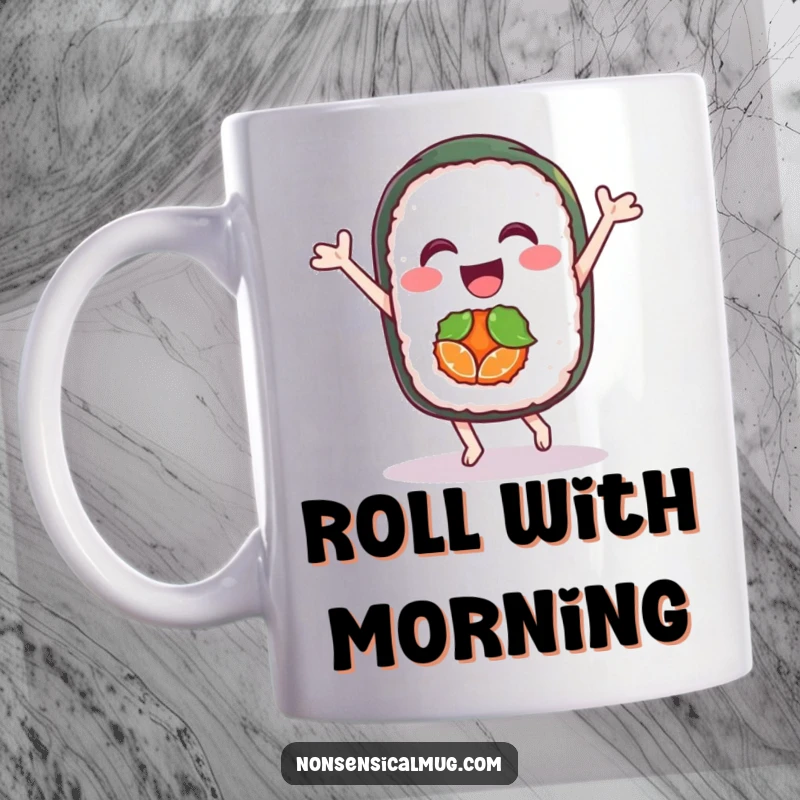 Funny sushi mug featuring a delighted sushi roll character joyfully dancing with enthusiasm, making breakfast a celebration.