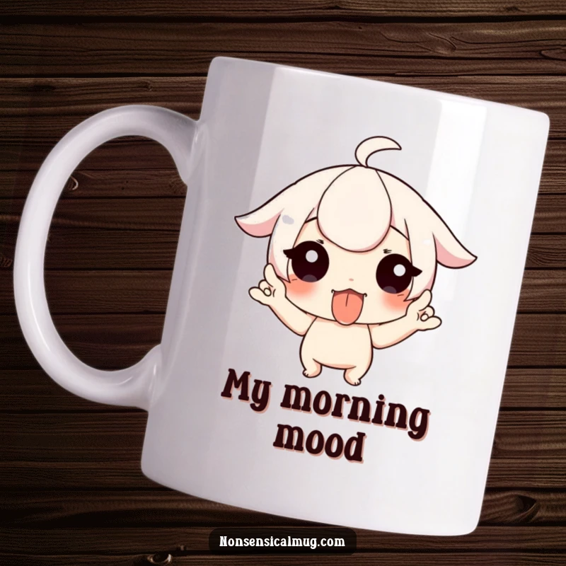Funny mug featuring a mischievous character playfully sticking out their tongue and wiggling fingers, expressing cheeky fun.