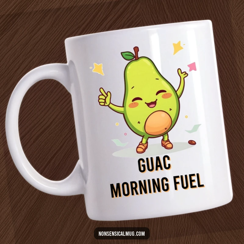 Funny mug showing a winking avocado character breakdancing with its pit as a dance partner, full of cool moves.