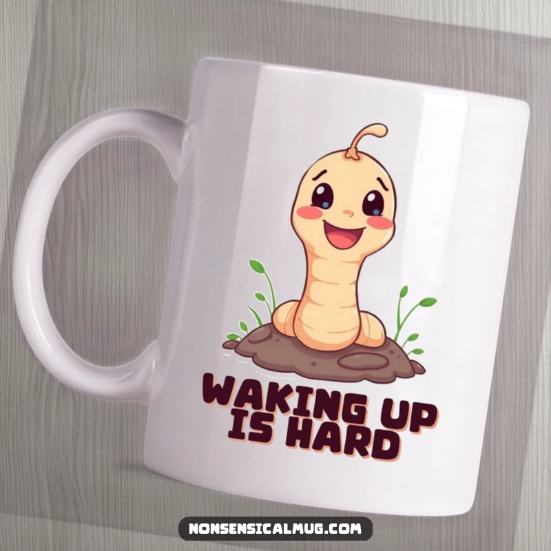 Funny Mug: Happy worm character joyfully popping out of the ground, showcasing a cheerful surprise.