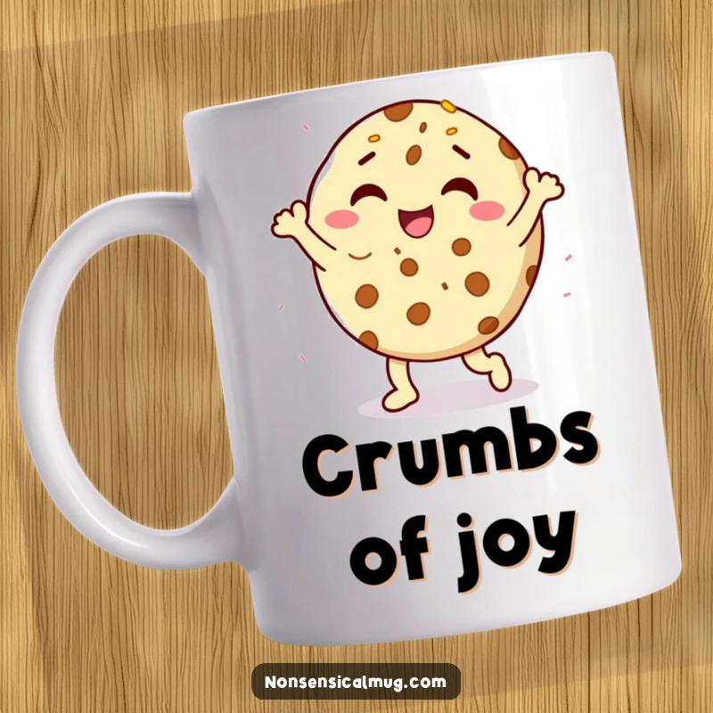 Funny delighted cookie character doing a happy dance surrounded by sprinkles on a ceramic mug, a joyful and humorous gift.