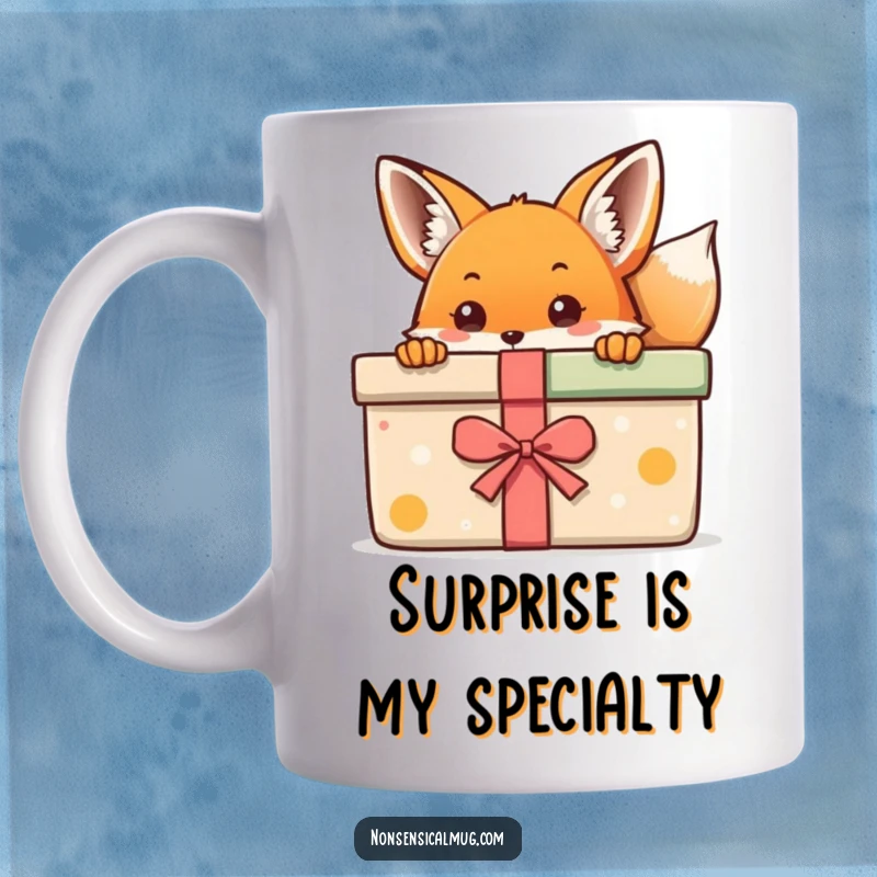 Kawaii Fox Mug: A cute, small fox peeking curiously from behind a large, vibrant, colorful gift box.