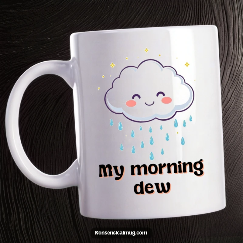 Funny mug featuring a cute, grinning cloud character showering gentle, sparkling raindrops with a bright and happy expression.