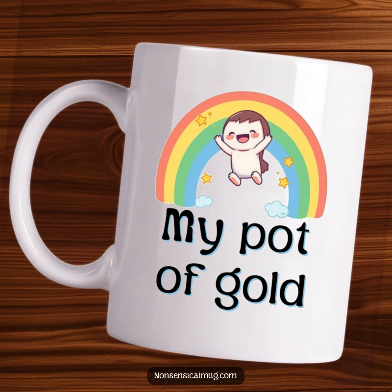 Funny mug featuring a laughing character gleefully sliding down a vibrant rainbow, leaving a trail of sparkling stars behind.