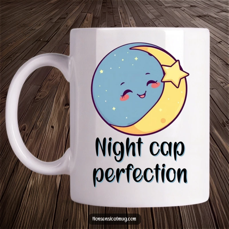 Funny smiling moon playfully winking at a twinkling star on a mug, exuding cosmic charm.